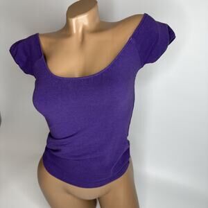 Clockhouse Y2K Off Shoulder Baby Tee Cap Sleeve Top Purple McBling XS Small